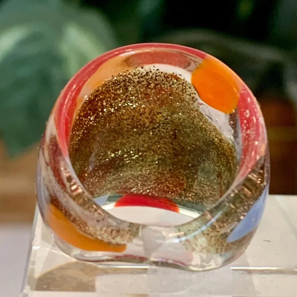 Vintage Murano Style Art Glass Hand Blown Lampwork Confetti Dome Ring Size 7